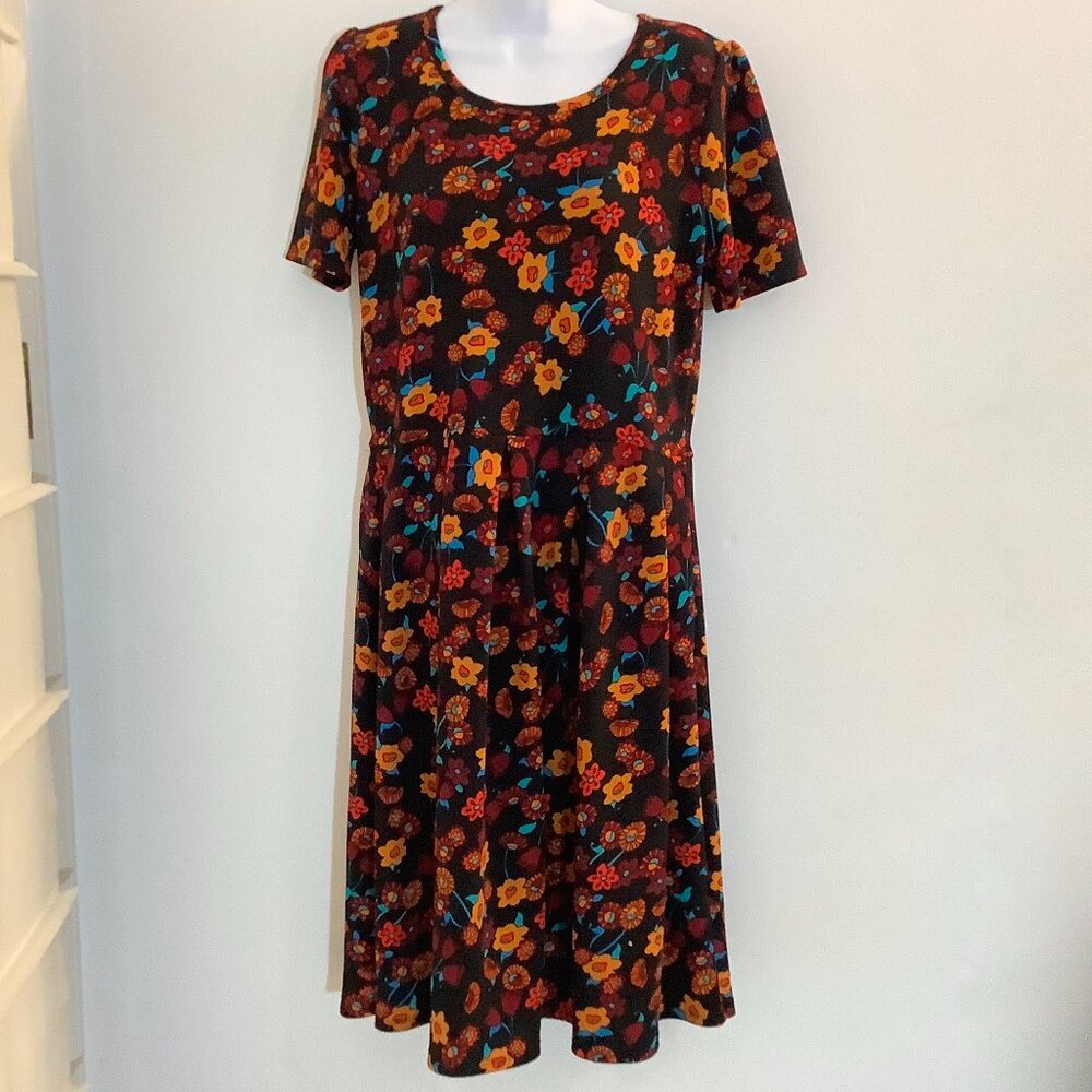 LULAROE Dress Black / Orange XL Scoop Neck Short Sleeve Midi NWOT